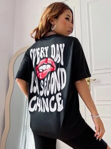 SHEIN Unity Women's Casual Letter & Lip Print Round Neck Short Sleeve T-Shirt, Summer - Black - View 4