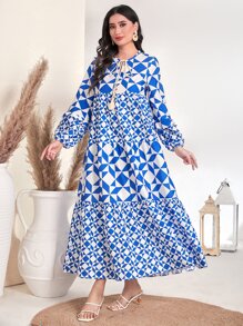 Seusyu Đầm Viên lá sen Thắt nơ trước mép Hình học Tất cả trên in Boho - Xanh và trắng - Xem 3