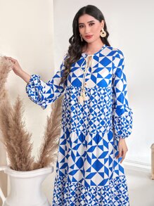 Seusyu Đầm Viên lá sen Thắt nơ trước mép Hình học Tất cả trên in Boho - Xanh và trắng - Xem 4