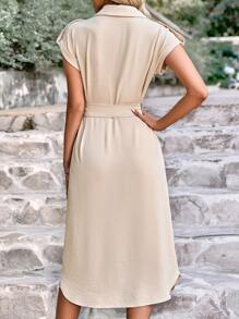 SHEIN LUNE Flap Detail Button Front Belted Shirt Dress Maxi Women Outfit - Apricot - View 3