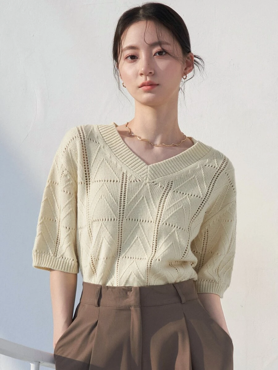 DAZY Pointelle Knit Drop Shoulder Knit Top - Yellow - View 1