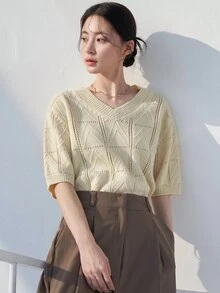 DAZY Pointelle Knit Drop Shoulder Knit Top - Yellow - View 3