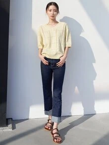 DAZY Pointelle Knit Drop Shoulder Knit Top - Yellow - View 5