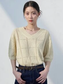 DAZY Pointelle Knit Drop Shoulder Knit Top - Yellow - View 7