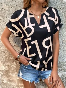 SHEIN LUNE Allover Letter Graphic Notched Neck Batwing Sleeve Blouse - Black - View 1