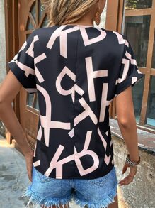 SHEIN LUNE Allover Letter Graphic Notched Neck Batwing Sleeve Blouse - Black - View 2