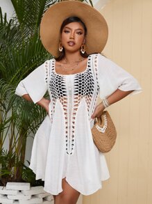 SHEIN Swim Curve Cover up de croché en contraste sin bikini - Blanco - Ver 1