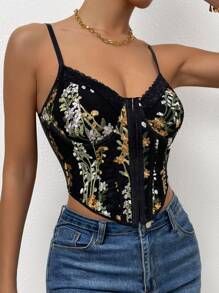 SHEIN Essnce Floral Embroidery Lace Trim Cami Top - Black - View 2