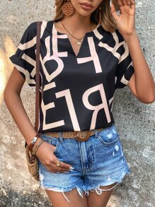 SHEIN LUNE Allover Letter Graphic Notched Neck Batwing Sleeve Blouse - Black - View 4