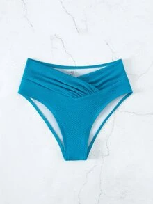 Ruched High Waisted Bikini Bottom, For Summer Beach Vacation - Blue - View 3