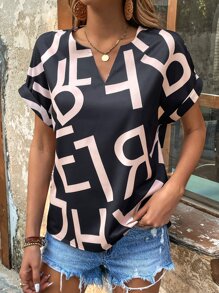 SHEIN LUNE Allover Letter Graphic Notched Neck Batwing Sleeve Blouse - Black - View 5