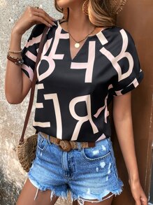 SHEIN LUNE Allover Letter Graphic Notched Neck Batwing Sleeve Blouse - Black - View 6