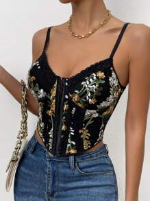 SHEIN Essnce Floral Embroidery Lace Trim Cami Top - Black - View 4