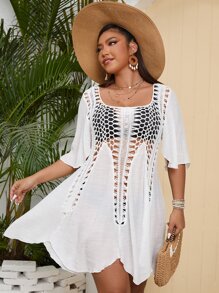 SHEIN Swim Curve Cover up de croché en contraste sin bikini - Blanco - Ver 3
