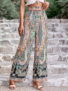 SHEIN VCAY Allover Floral Print Paperbag Waist Wide Leg Trousers - Multicolor - View 3