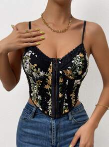 SHEIN Essnce Floral Embroidery Lace Trim Cami Top - Black - View 6