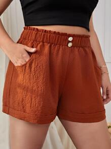 SHEIN VCAY 大碼紙袋腰褶邊短褲 - 亮橙色 - 查看 1