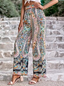 SHEIN VCAY Allover Floral Print Paperbag Waist Wide Leg Trousers - Multicolor - View 4