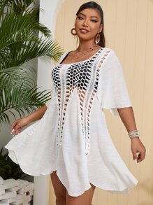 SHEIN Swim Curve Cover up de croché en contraste sin bikini - Blanco - Ver 5