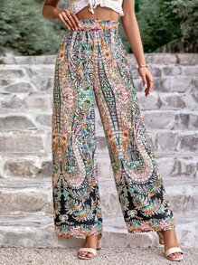 SHEIN VCAY Allover Floral Print Paperbag Waist Wide Leg Trousers - Multicolor - View 5