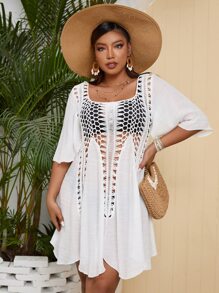 SHEIN Swim Curve Cover up de croché en contraste sin bikini - Blanco - Ver 6