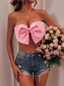 SHEIN Privé Big Bow Front Crop Tube Top - Pink - View 5