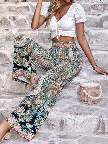 SHEIN VCAY Allover Floral Print Paperbag Waist Wide Leg Trousers - Multicolor - View 6