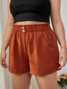 SHEIN VCAY 大碼紙袋腰褶邊短褲 - 亮橙色 - 查看 3