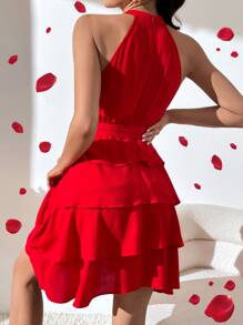 SHEIN Allurite Solid Layered Hem Belted Dress - Red - View 2