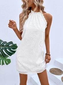 Breezaya Eyelet Embroidery Halter Dress - White - View 1