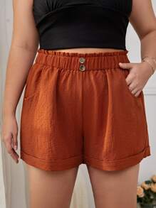 SHEIN VCAY 大碼紙袋腰褶邊短褲 - 亮橙色 - 查看 6