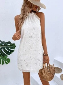 Breezaya Eyelet Embroidery Halter Dress - White - View 4