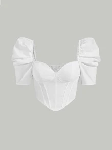 SHEIN MOD 愛心領口泡泡袖後收緊束腰結構襯衫 - 白色 - 查看 1