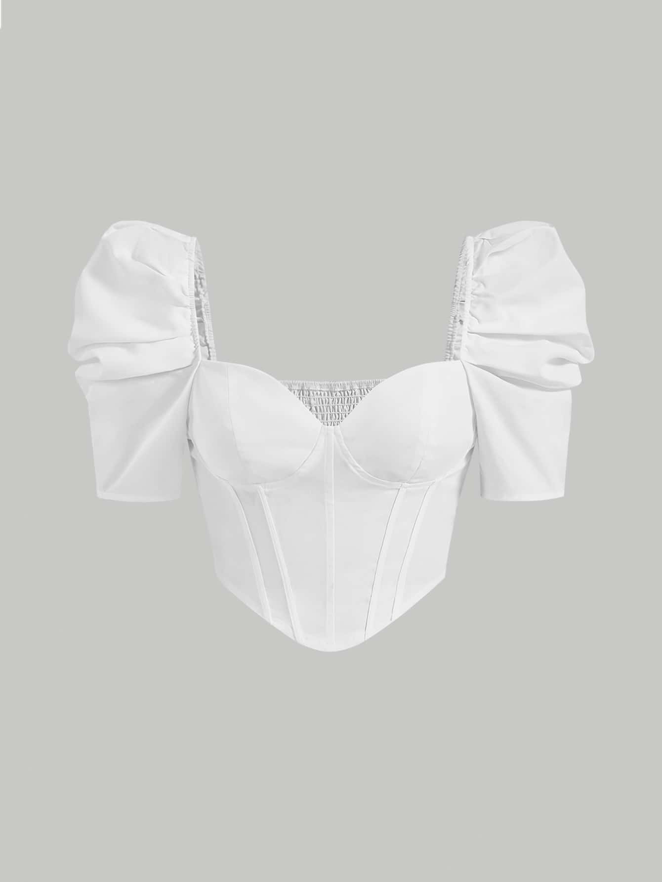 SHEIN MOD 愛心領口泡泡袖後收緊束腰結構襯衫 - 白色 - 查看 1