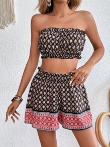SHEIN VCAY Floral & Geo Print Tube Top & Shorts - Multicolor - View 1