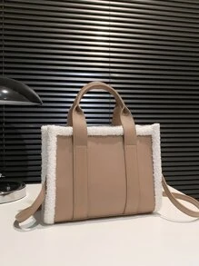 Two Tone Double Handle Square Bag - Khaki - View 1