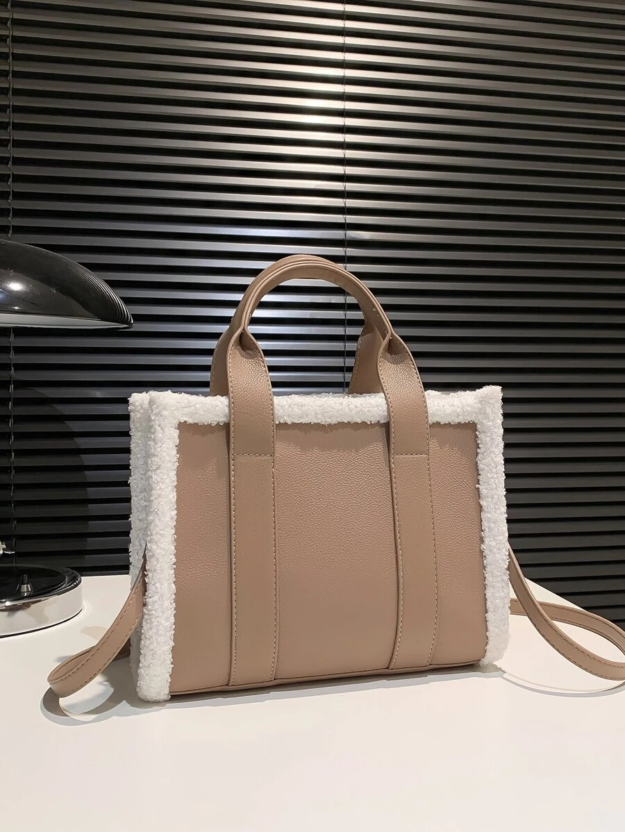 Two Tone Double Handle Square Bag - Khaki - View 1