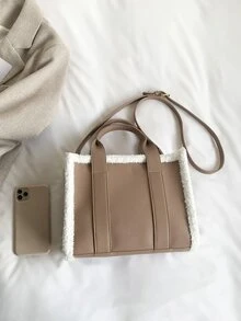 Two Tone Double Handle Square Bag - Khaki - View 5