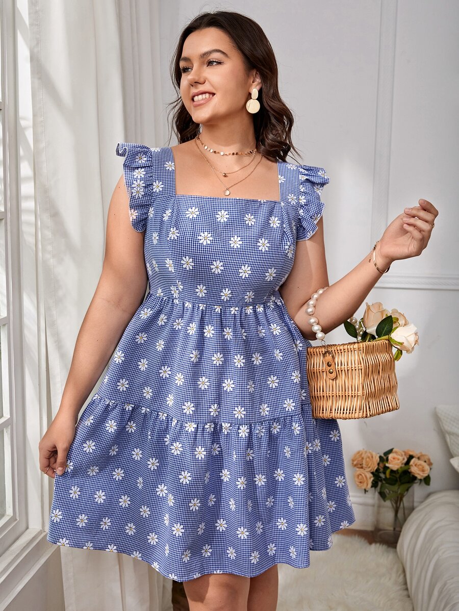 Dreamara Plus Floral Print Ruffle Trim Dress - Blue - View 1