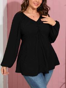 SHEIN LUNE Plus Lantern Sleeve Peplum Blouse - Black - View 1