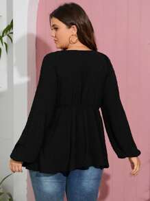 SHEIN LUNE Plus Lantern Sleeve Peplum Blouse - Black - View 2