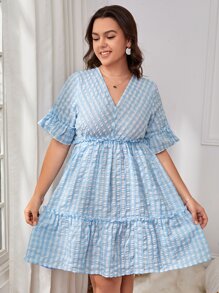 SHEIN VCAY Plus Gingham Tie Backless Ruffle Hem Dress - Blue and White - View 1