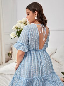 SHEIN VCAY Plus Gingham Tie Backless Ruffle Hem Dress - Blue and White - View 4