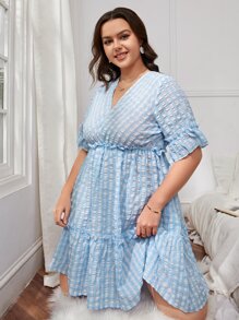 SHEIN VCAY Plus Gingham Tie Backless Ruffle Hem Dress - Blue and White - View 7
