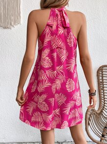 SHEIN VCAY Tropical Print Tie Back Halter Dress - Hot Pink - View 2