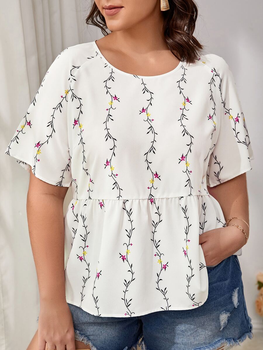 SHEIN LUNE Plus Floral Print Peplum Blouse - Multicolor - View 1