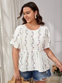 SHEIN LUNE Plus Floral Print Peplum Blouse - Multicolor - View 3