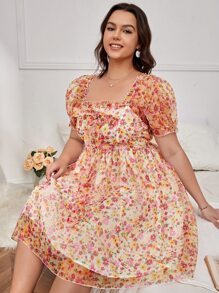 SHEIN VCAY Plus Ditsy Floral Puff Sleeve Dress - Multicolor - View 3