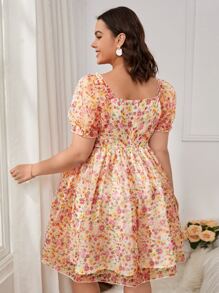 SHEIN VCAY Plus Ditsy Floral Puff Sleeve Dress - Multicolor - View 2