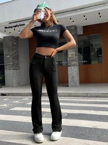 SHEIN EZwear Flap Pocket Flare Leg Trousers - Black - View 3